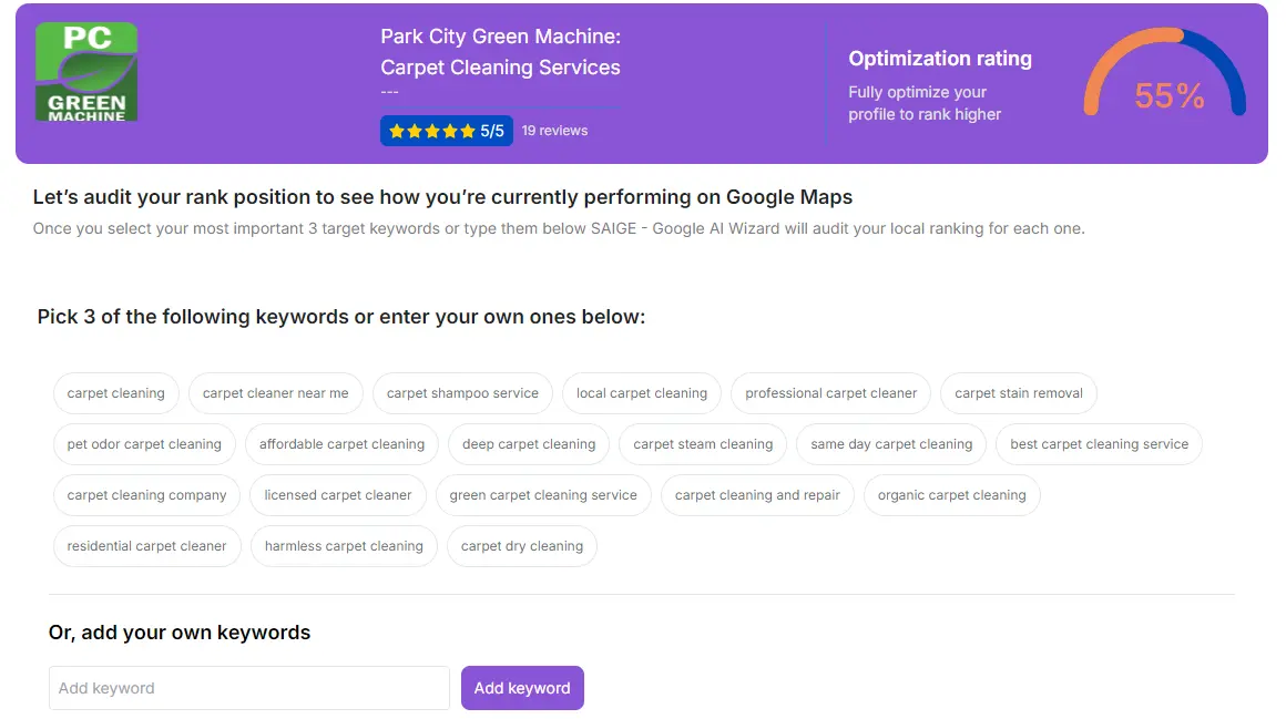 SAIGE audit screen showing the optimization rating dial and keyword selection grid for a sample carpet-cleaning business.