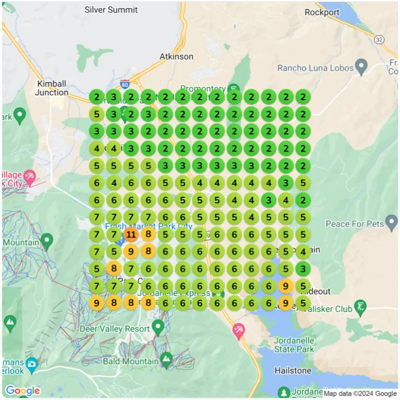 After SAIGE: heatmap for SAIGE Local showing mostly green ranking pins across the entire service area.